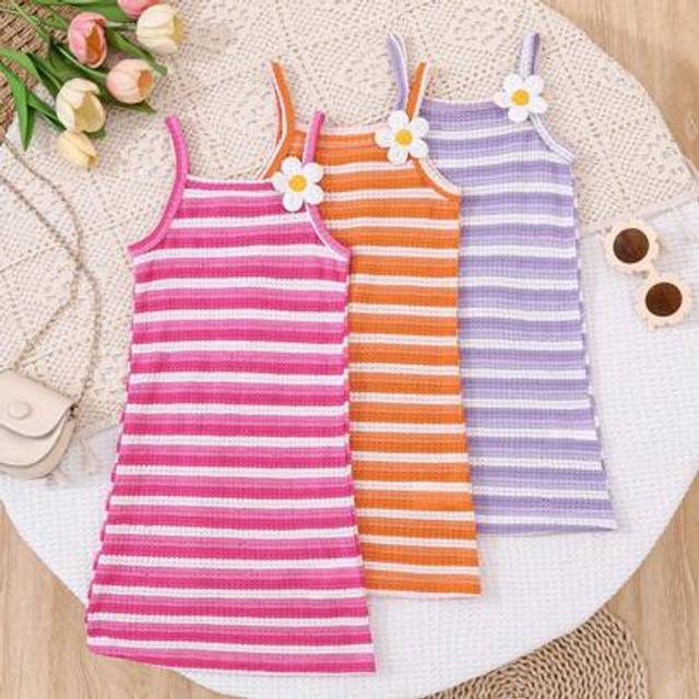 SHEIN Girls Casual Ombre Striped Open Shoulder Floral Dress, Cute Sleeveless Sundress For Party, Leisure, Holiday And Daily Wear, Summer&#39;