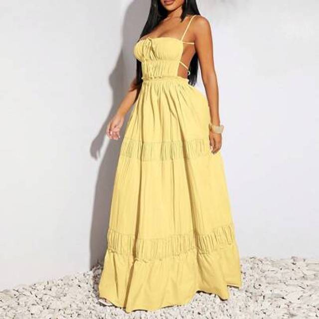 SHEIN Sundress;Spring Summer Vacation Wedding Valentine&#39;s Day Women&#39;s Elegant Western Style Clothing Gray Khaki Imitation Linen Fabric Large Halter Halter F