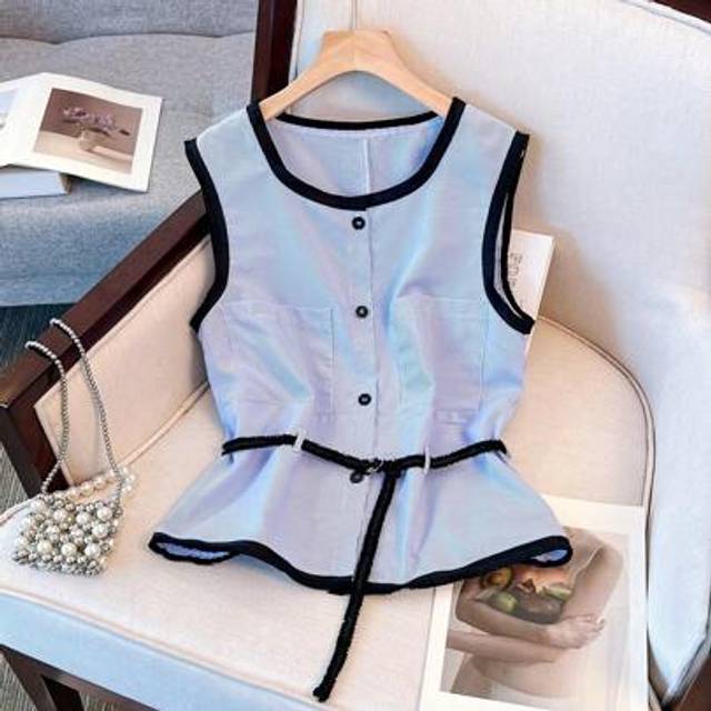 Franclia Women Casual Contrast Color Tie-Up Blue And White Striped Sleeveless Blouse, Spring/Summer