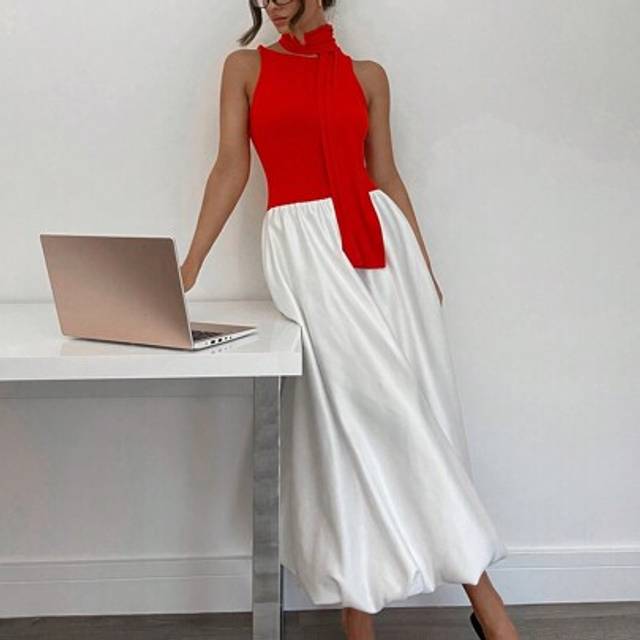 SHEIN Women Casual Burgundy Red And White Dress Solid Color Short Sleeve Dress Satin Volume Balloon Midi Edition Dress Bubble 2pcs/Set Women Long Dress With