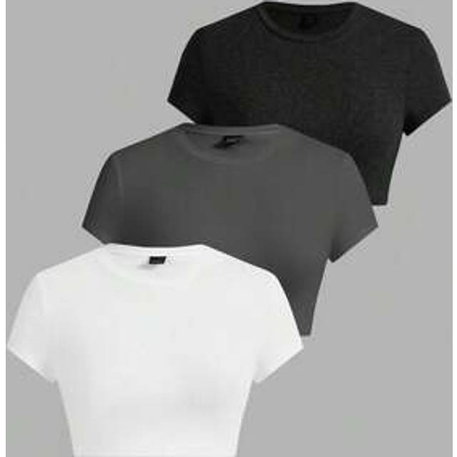 SHEIN Women&#39;s 3pcs Solid Color Short Sleeve Crop Tops, Casual Versatile Summer Cropped T-Shirts,Summer Tops