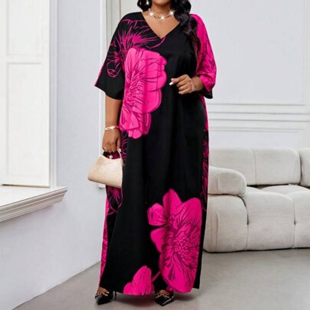 SHEIN Spring And Summer Casual Elegant Boho Black Woven V Neck Straight Tunic Dress Kaftan Dress Long Plus Size Dresses Easter Dress Women Spring Outfits Fo