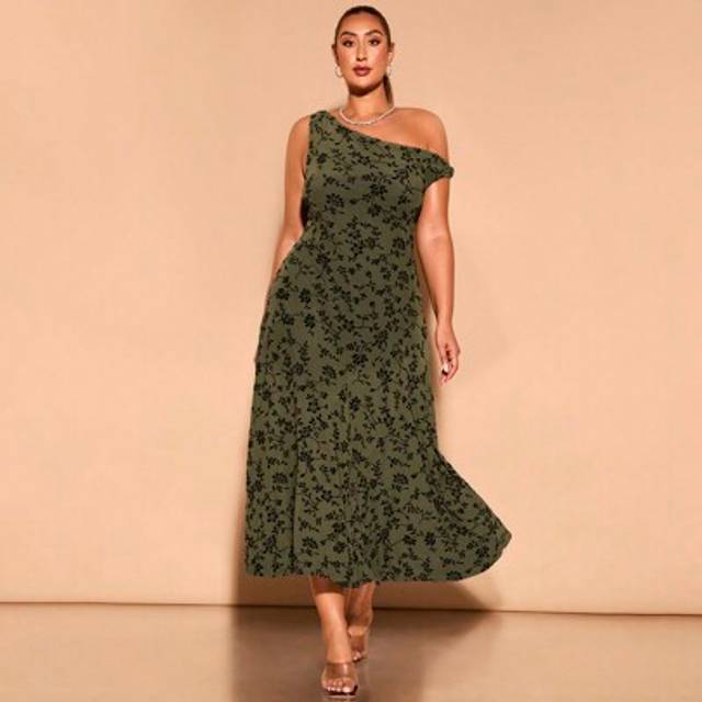 SHEIN Plus Size Green Floral Flocked Mesh Printed Asymmetrical Oblique Shoulder Twisted Rope Asymmetric Split Lotus Leaf Hem Elegant And Sweet Long Dress, S