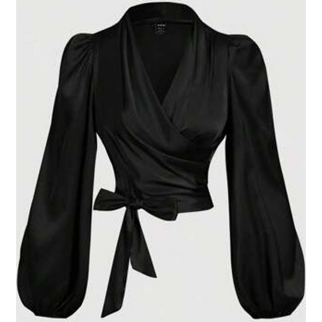 SHEIN Women&#39;s Black Wrap-Around Tie-Up Bow Batwing Sleeve Blouse,Women Shirts,Glittery Blouse,New Years Top