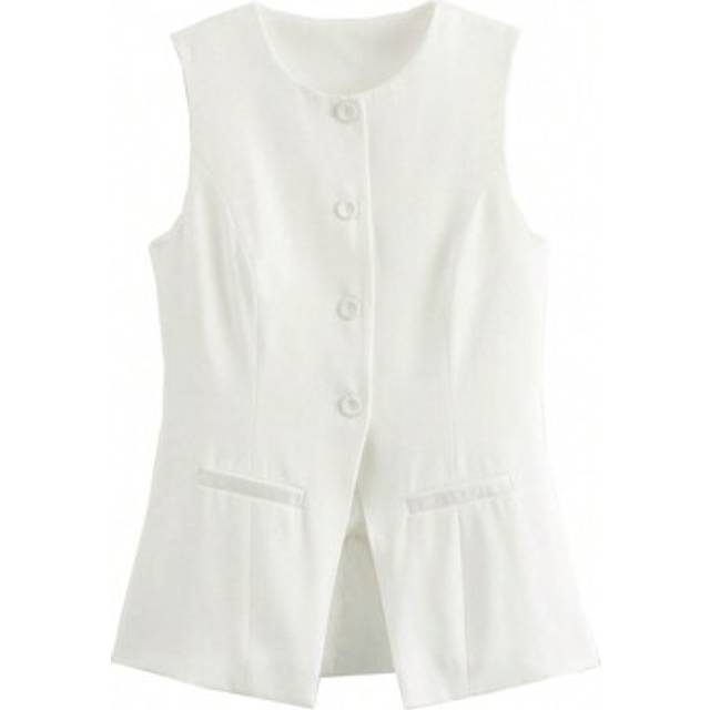 SHEIN Womens Button Down Waistcoat Vest Sleeveless Round Neck Solid Color Slim Fit Tops Dressy Suit Vest