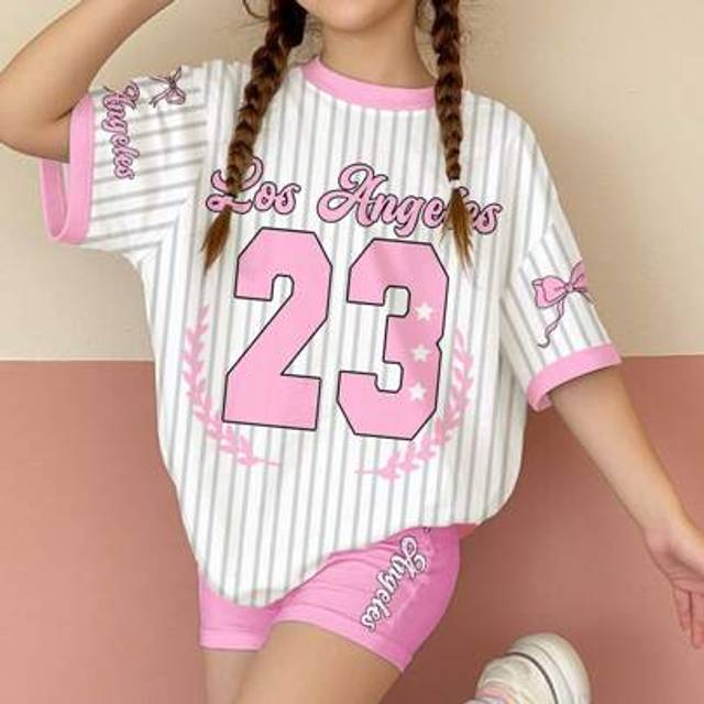 SHEIN Tween Girls&#39; Casual Loose Set: Bowknot & Striped Letter Print Bright Pink Ballerina Graphic Crew Neck Short Sleeve T-Shirt & Shorts, Summer