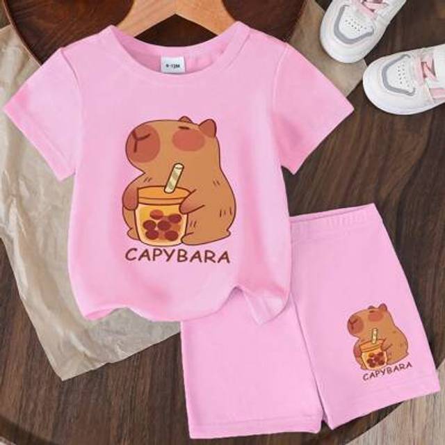 SHEIN Baby Girl Casual Fashionable Comfortable Minimalist Cartoon Capybara Letter Print Round Neck Short Sleeve Top And Bike Shorts 2 Pieces Set, Spring/Sum