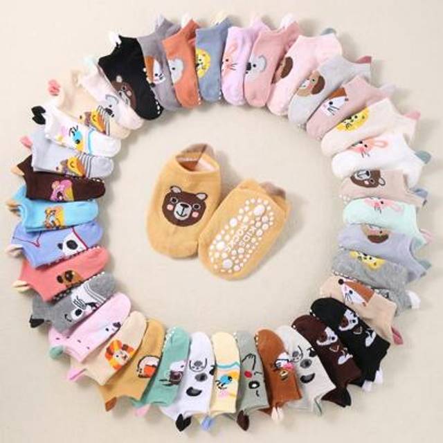 SHEIN 10 Pairs Of Random Color Non-Slip Gel Baby Socks Cute Little Ears Cartoon Kids Solid Color Boat Socks Boys Girls Casual Socks