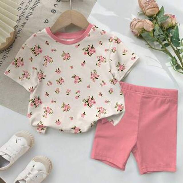SHEIN Floral Pattern Baby Girl Casual Basic Crew Neck Short Sleeve T-Shirt And Leggings Set, Suitable For Spring/Summer