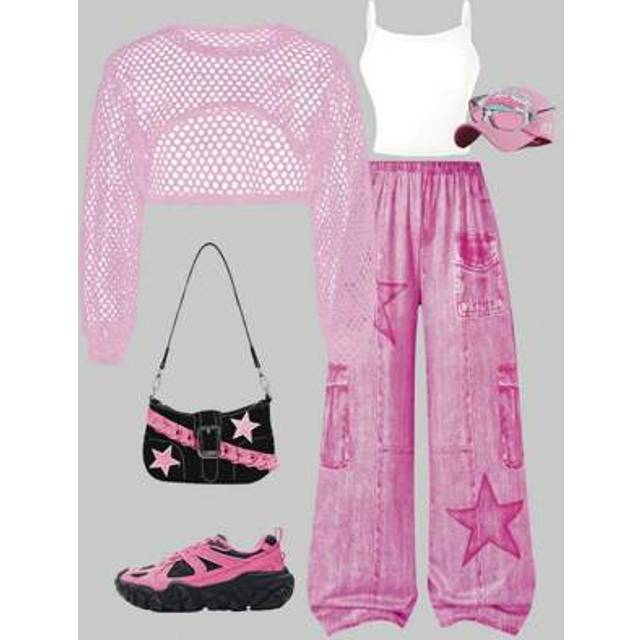 SHEIN 3Pcs/Set Girls Casual Street Mesh Long Sleeve Crop Top, Minimalist Short Vest And Star Print Wide Leg Pants, Suitable For Outing & Party
