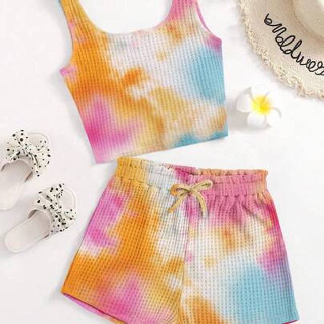 SHEIN Tween Girl Summer Fashion Fresh Beach Cute Tie-Dye Casual Tank & Shorts Set