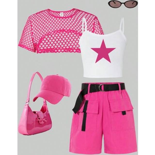 SHEIN Tween Girl Oversize Fuchsia Mesh Top, Printed Star Cami, Casual 5-Piece Short Pants Co-Ord Set, Summer