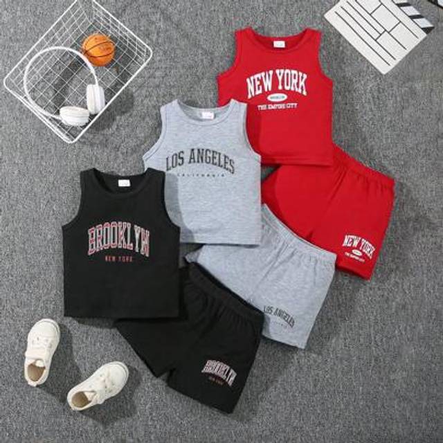 SHEIN 6pcs/Set Baby Boy Summer New &#34;Los Angeles, New York, Brooklyn&#34; Letter Print Round Neck Vest And Shorts Casual Fashion Outfit Set