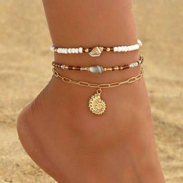 SHEIN 3pcs/Set Women&#39;s Minimalist Rice Pearl & Seashell Beaded Anklet, Metal Seashell Pendant Foot Jewelry For Casual Wear And Beach Holiday