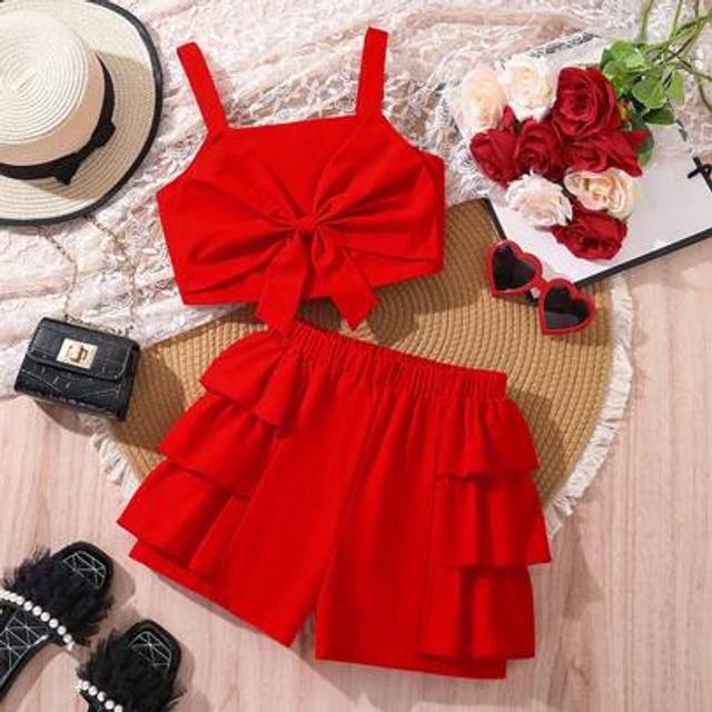 SHEIN Cute Teenagers Girls Bowknot Camisole And Shorts Set, Suitable For Beach Vacation, Summer