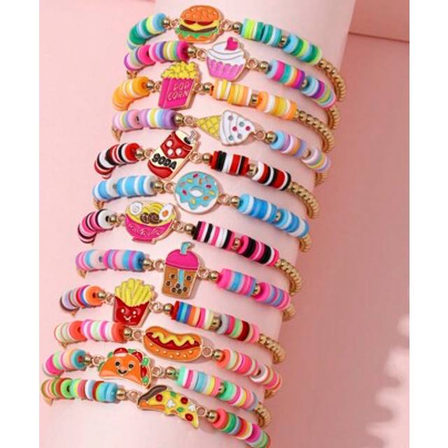SHEIN 12pcs/Set Elastic Girls&#39; Bracelet With Soft Ceramic Beads, Beaded Flowers, Fruits, Cartoons And Dinosaurs