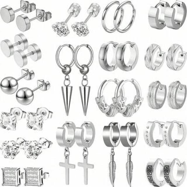 SHEIN 36pcs Men&#39;s Stainless Steel Black Cross Hoop Earrings & Studs, Fashion Pierced Jewelry For Birthday, Party & More