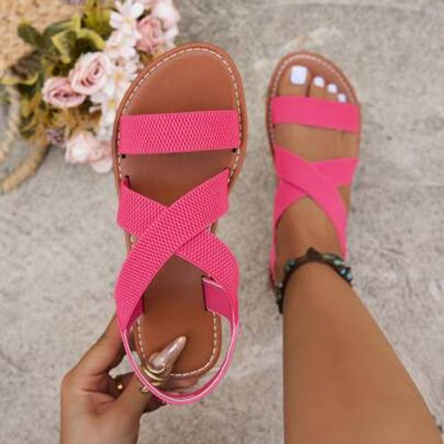 SHEIN 2024 Women&#39;s Criss-Cross Strap Beach Sandals, Breathable Fabric Flat, Summer Casual Vacation Essential