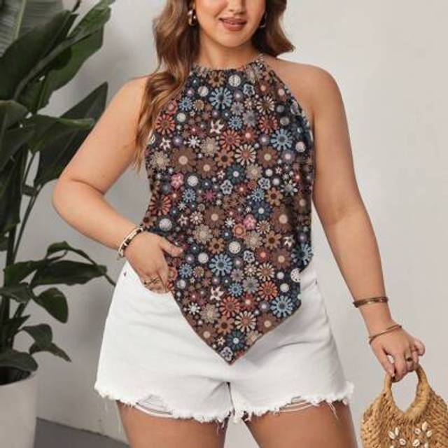 SHEIN Multi-Color Vintage Ditsy Floral Plus Size Women Spaghetti Strap Camisole Tank Top, Suitable For Summer, Vacation, Rave, Music Festival