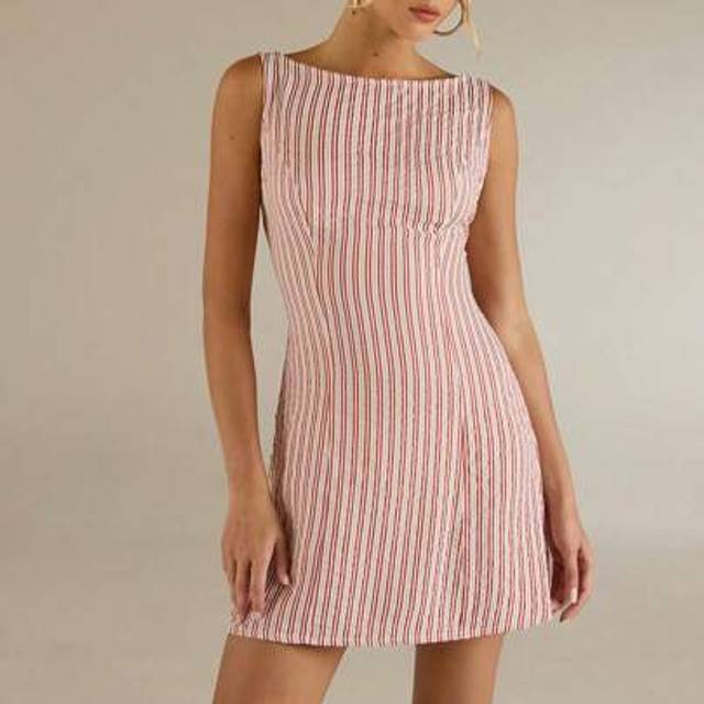 SHEIN Red And White Stripes Sleeveless Mini Dress Beach Women Outfits Hawaiian Dress Homecoming Dresses Party Women Outfits Summer Women Outfit Street Wear