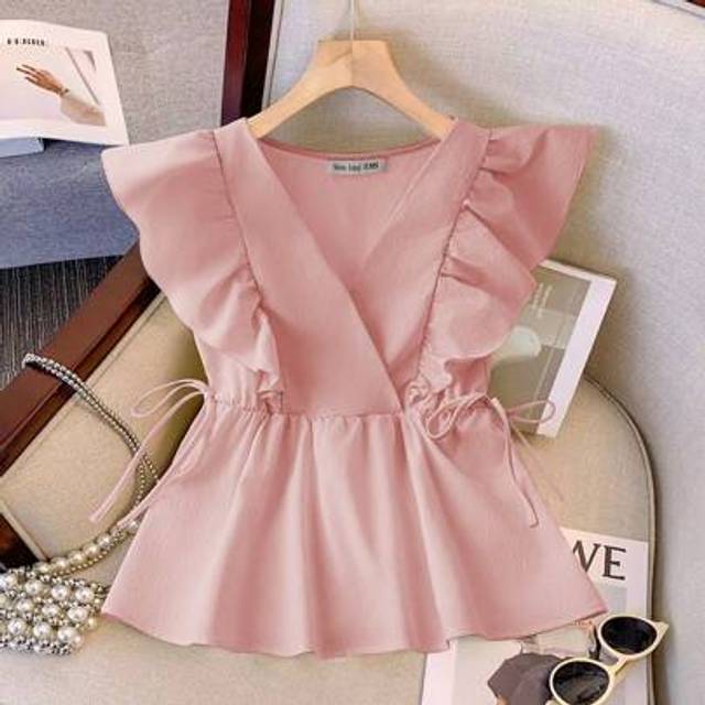 Franclia Women&#39;s Sweet Ruffled V-Neck Sleeveless Smock Top With Tie, Short Blouse, Spring/Summer