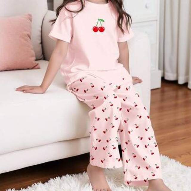 SHEIN Tween Girl Casual Minimalist Round Neck Short Sleeve Pants Pajama Set, Suitable For Summer