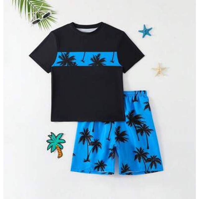 SHEIN Teen Boys Coconut Tree Printed Top And Random Printed Swim Trunks Set, Summer Vacation Boy Summer Sets Boys Beach Sets Boys Beach Set Boys Sets Summer