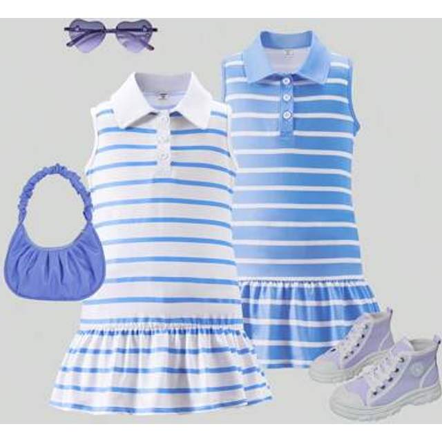SHEIN 2pcs/Set Girls (Small) Blue & White Stripe Sleeveless Collared Casual Knit Dress, Summer