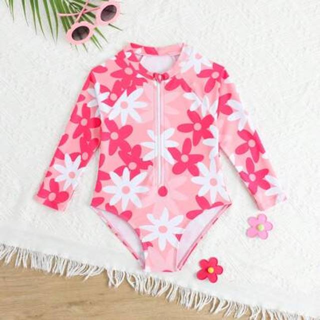 SHEIN 2025 New Girls One-Piece Swimsuit With Printing, Long Sleeve, Zipper, Beachwear For Young Girl/Toddlers Swim Suit For Girls Long Sleeve Long Sleeve Gi