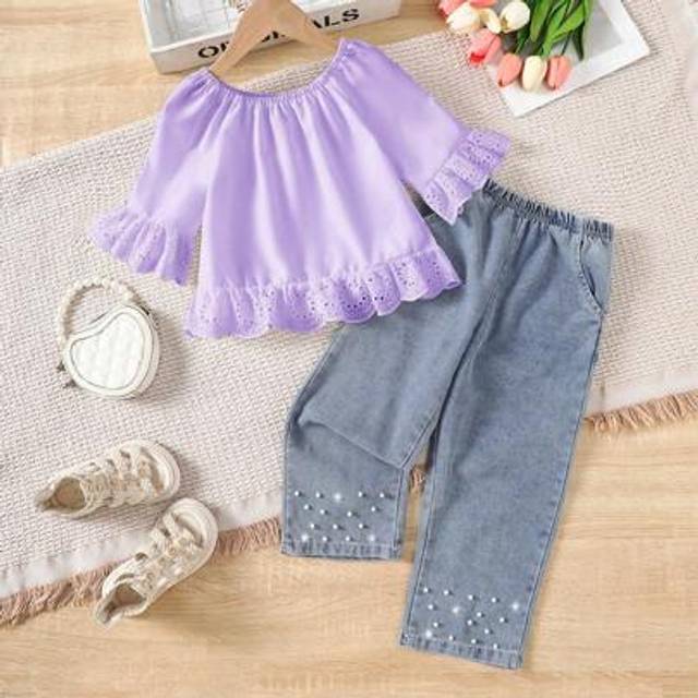 SHEIN 2pcs/Set Girls Ruffle Trim Off Shoulder Blouse Top And Pearl Decor Denim Long Pants, Suitable For Daily Wear In Summer