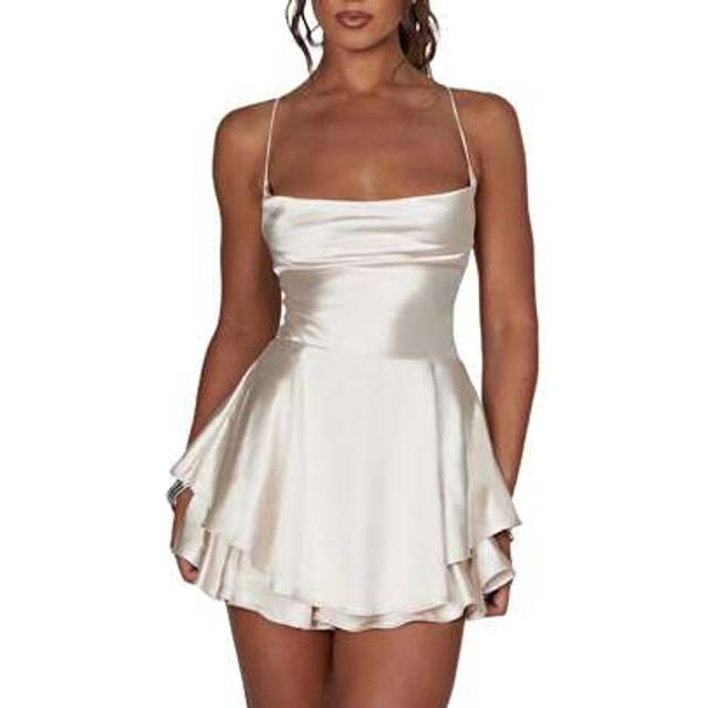 SHEIN Women Solid Color Cami Playsuits Cowl Neck Sleeveless Short Jumpsuits Summer Cross Tie-Up Backless Romper Clubwear