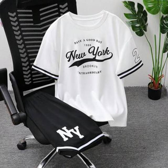 SHEIN Vacaura Boy Summer Outfit 2pcs/Set Teenagers Letter Print Vintage American Style Loose Short Sleeve T-Shirt And Casual American Style Numeric Print Sh