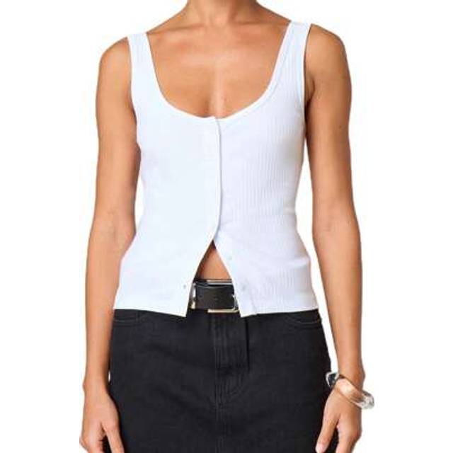 SHEIN Women Button-Up Tank Tops Slim Solid Color Ribbed U Neck Sleeveless Backless Crop Vest Summer Streetwear