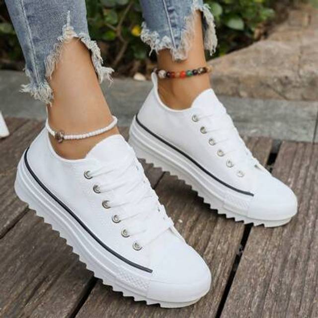SHEIN 2024 New Retro Wedge Sawtooth Anti-Slip Lace-Up Platform Canvas Sneakers For Women
