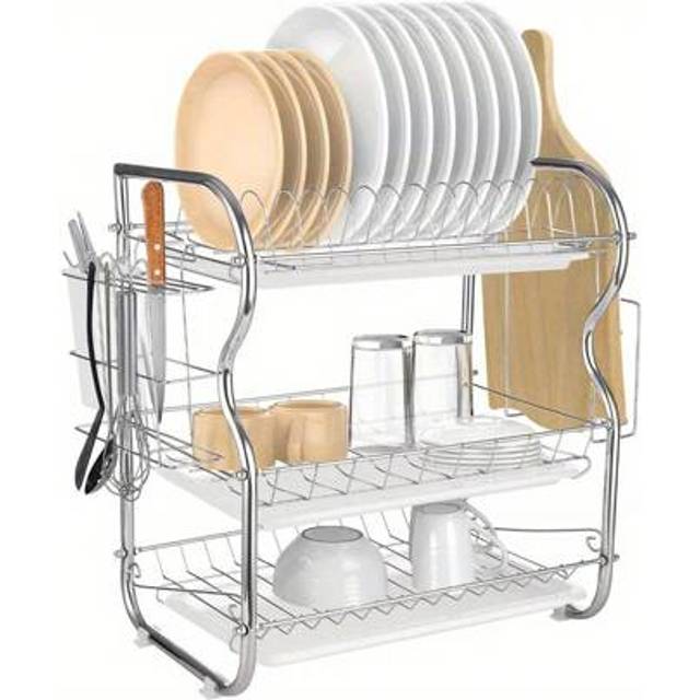 SHEIN 3 Tier Dish Drainer Rack With Drip Tray Stainless Steel Dish Drying Rack With Chopstick Holder Knife Holder Removable Chopsticks Knives Cutting Board