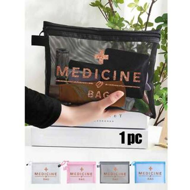 SHEIN Mesh Cosmetic Bag With &#34;Medicine&#34;, Rose Gold Sequin Design, Portable Storage Bag, Cosmetic Bag, Skin Care Bag, Travel Essentials, Dormitory Supplies,