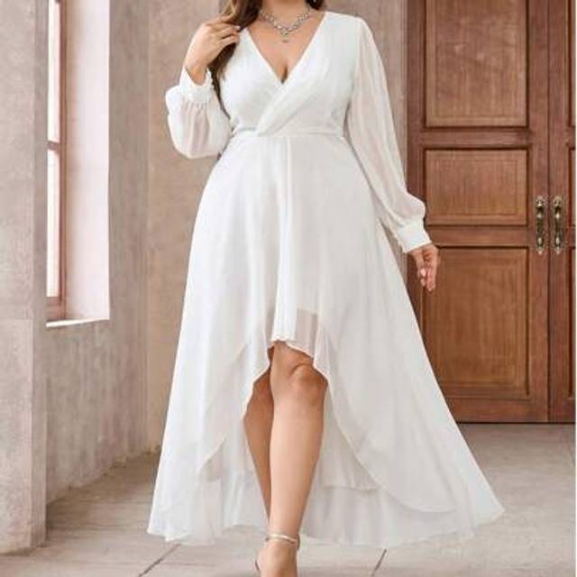 SHEIN Plus Size Elegant Solid Color Fitted Long Sleeve A-Line Maxi Chiffon Dress, Formal Wedding Gown