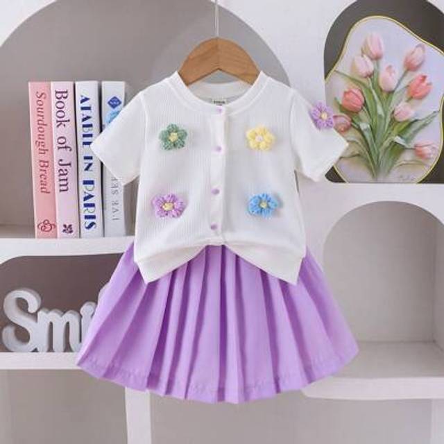 SHEIN Baby Girls 2pc Set: Embroidered Knit Top + Solid Color Pleated Skirt, Summer 2025