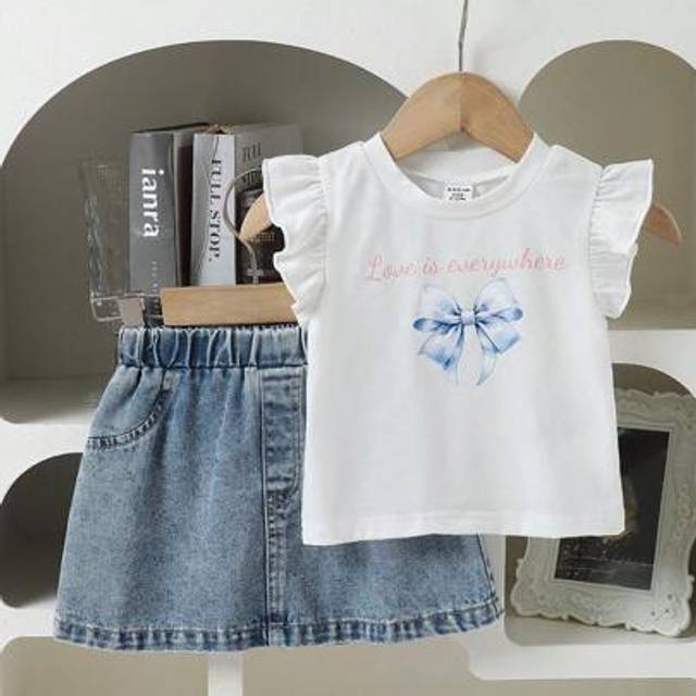 SHEIN Baby Girl Summer Korean Style Casual Cute Ruffle Sleeve Butterfly Print Knit Top And Washed Denim Skirt 2 Pieces Set