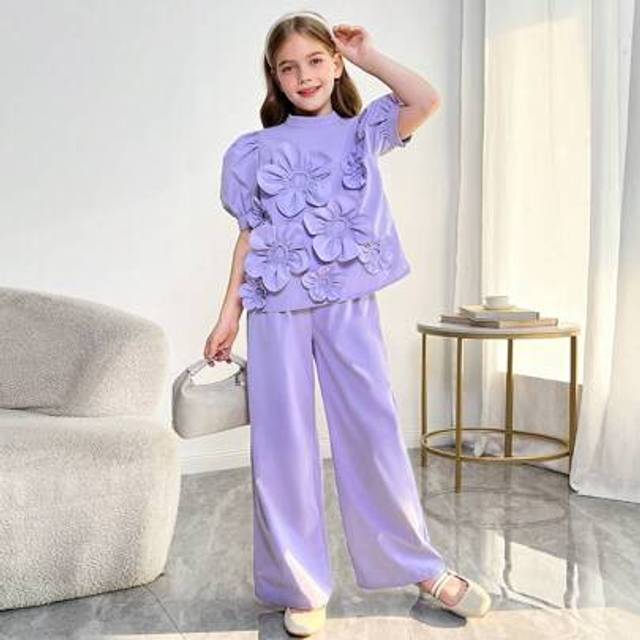 SHEIN Tween Girls 3D Flower Decor Stand Collar Puff Sleeve Blouse And Wide Leg Pants 2 Pieces Set