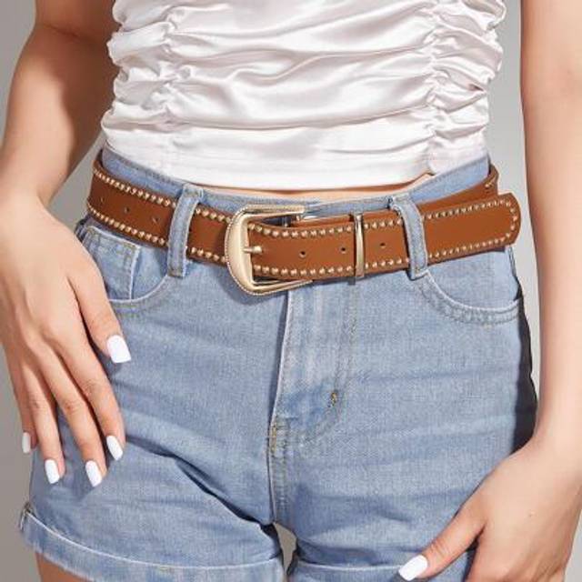 SHEIN 1pc Western Vintage Handcraft Studded Buckle PU Leather Belt, Versatile For Jeans, Dresses, Street Style