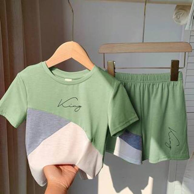 SHEIN 2pcs Young Boys Casual Sports Preppy Street Cute Vacation Pink Splice Raglan Crew Neck Short Sleeve T-Shirt And Shorts Set, Suitable For Daily, School