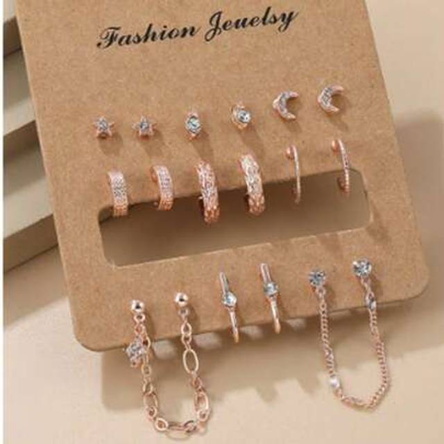 SHEIN 9pcs Set Rhinestone Inlaid Women Vintage Gold Color French Style Hoop Earrings
