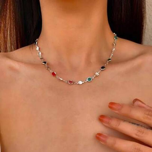 SHEIN 1pc Silver/Gold Tone Random Colorful Glass Bead Necklace, Choker Necklace, Fashion Accessory, Gift Idea