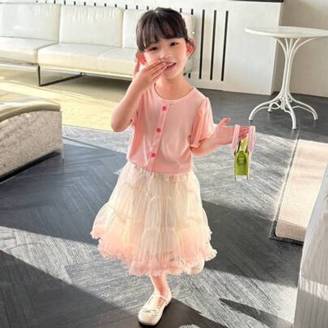 SHEIN 2pcs/Set Sweet Young Girl Summer New Style Knitted Ribbed T-Shirt + Fluffy Net Skirt Princess Dress Set
