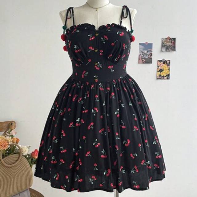Soleia Black Cherry Print Cup Style Romantic Casual Plus Size Boho Vacation Dress, For Summer,Beach Dress Sundress,Holiday Outfits