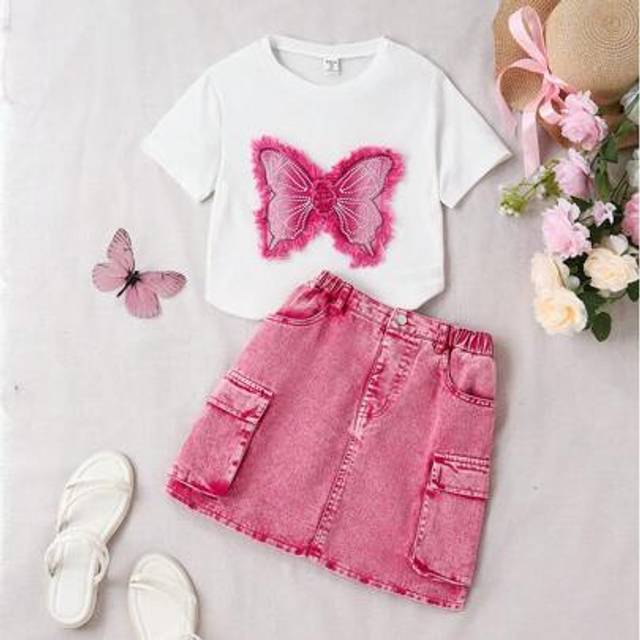 SHEIN Tween GirlsPurple Collared Top & Colorful Print Wide Leg Jeans Set, Casual & Minimalist Design For Everyday Wear, Versatile & Fashionable