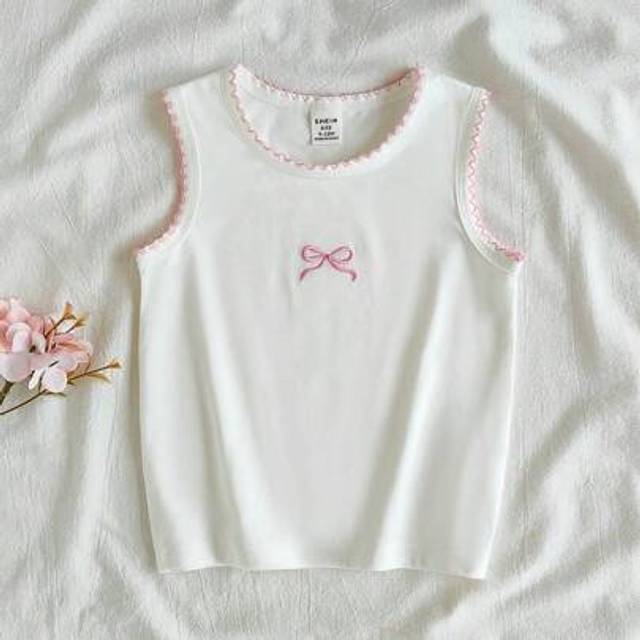 SHEIN Baby Girl Bow Embroidered Round Neck Tank Top, Suitable For Home Leisure, Sports, Parties, And Other Occasions
