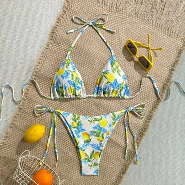 Soleia New Fashionable Young Women&#39;s Sicily Lemon Fruit Print Halter Bikini Swimsuit 2 Pieces Set Off The Shoulder  Christmas   Tops For School Back To Schoo