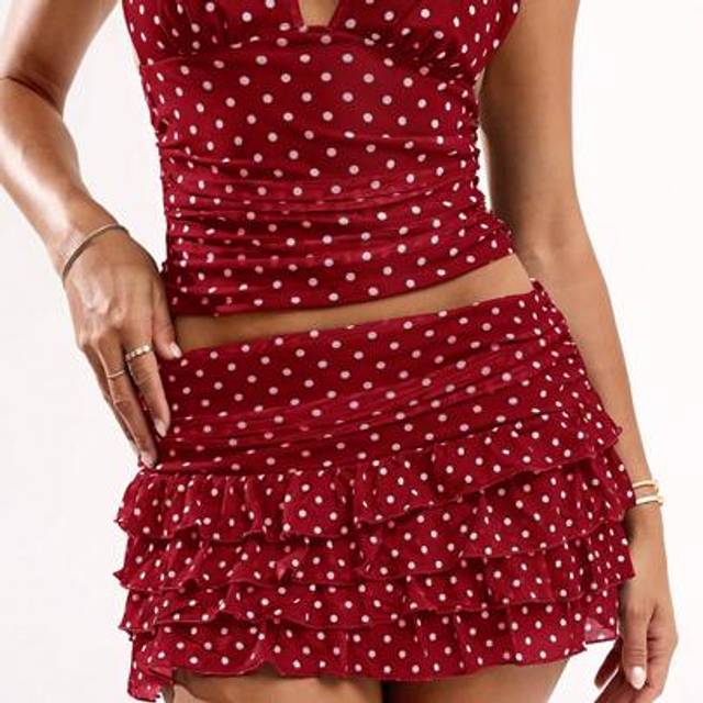 SHEIN Women&#39;s Polka Dot Print Pleated Ruched Hem Short Skirt, Fashionable